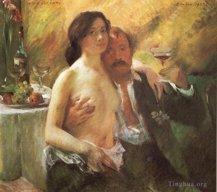 Lovis Corinth Peinture à l'huile - Autoportrait avec sa femme et une coupe de champagne