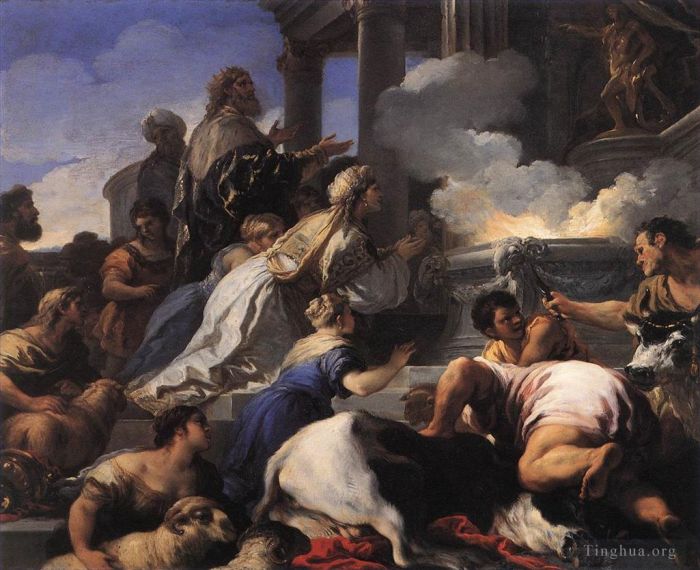 Luca Giordano Peinture à l'huile - Parents Psychés offrant un sacrifice à Apollon