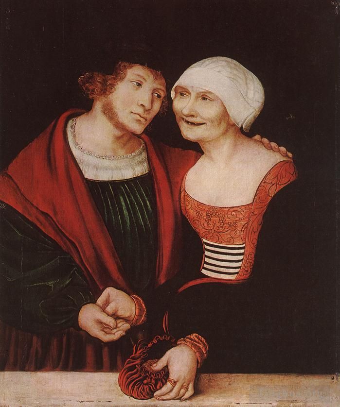 Lucas Cranach the Elder Peinture à l'huile - Vieille femme amoureuse et jeune homme