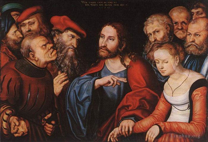 Lucas Cranach the Elder Peinture à l'huile - Le Christ et la femme adultère