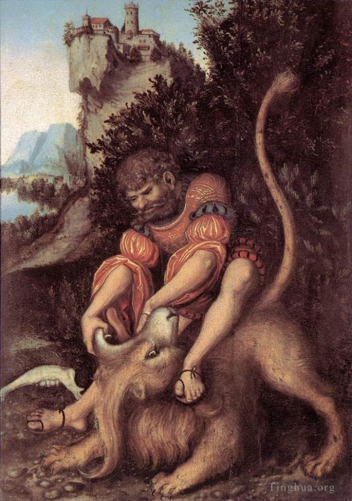Lucas Cranach the Elder Peinture à l'huile - Samsons se bat avec le lion