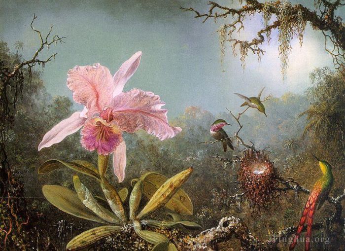 Martin Johnson Heade Peinture à l'huile - Orchidée Cattelya et trois colibris brésiliens