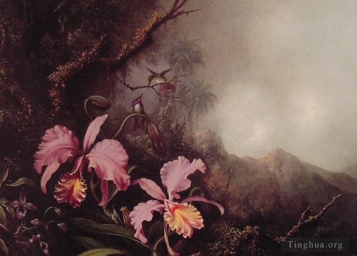Martin Johnson Heade Peinture à l'huile - Deux orchidées dans un paysage de montagne