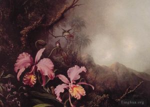 Martin Johnson Heade œuvres - Deux orchidées dans un paysage de montagne