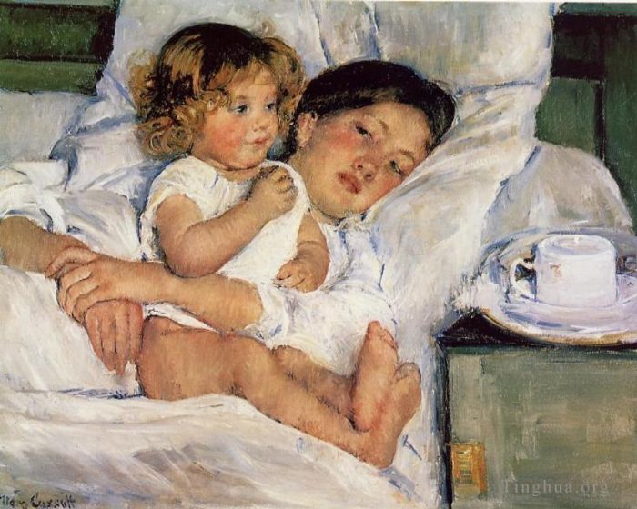 Mary Stevenson Cassatt Peinture à l'huile - Petit déjeuner au lit
