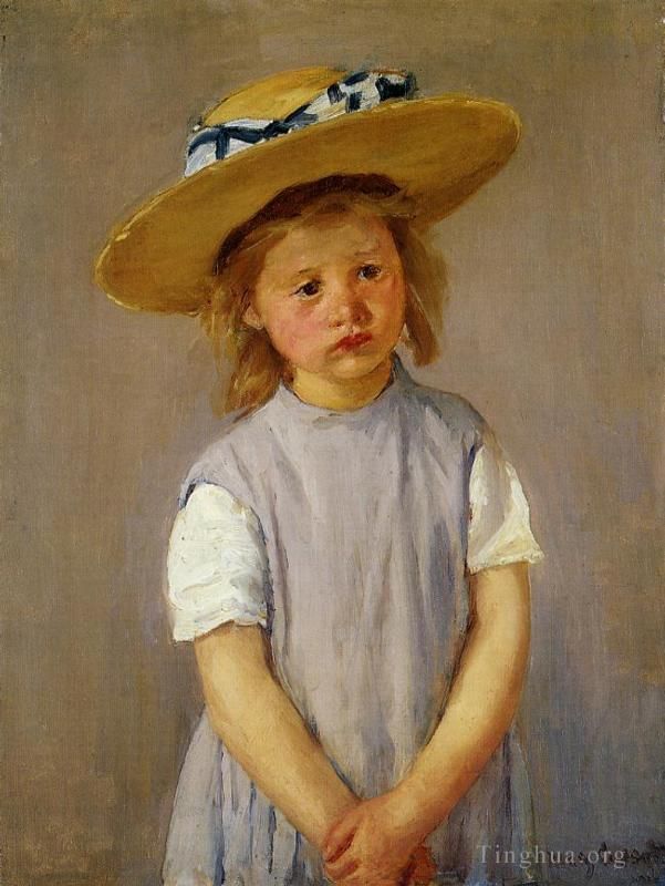 Mary Stevenson Cassatt Peinture à l'huile - Petite fille dans un grand chapeau de paille et un tablier
