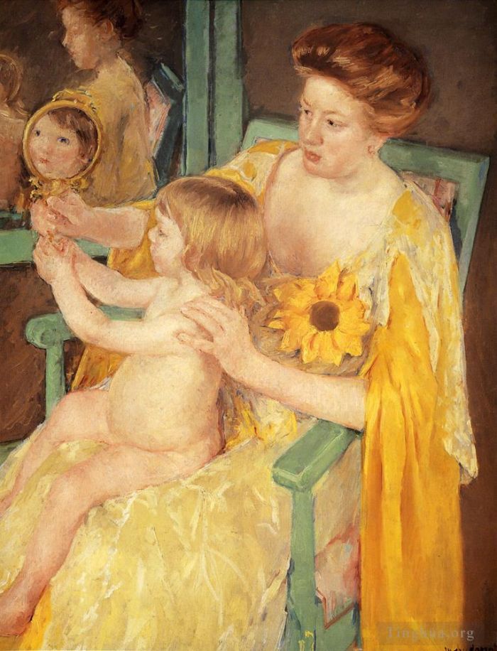 Mary Stevenson Cassatt Peinture à l'huile - Mère portant un tournesol sur sa robe