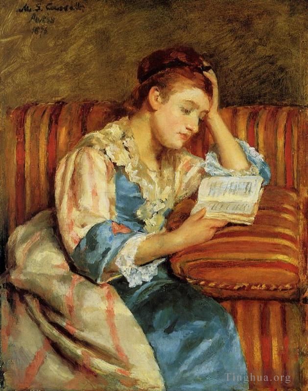 Mary Stevenson Cassatt Peinture à l'huile - Mme Duffee assise sur un canapé rayé en train de lire