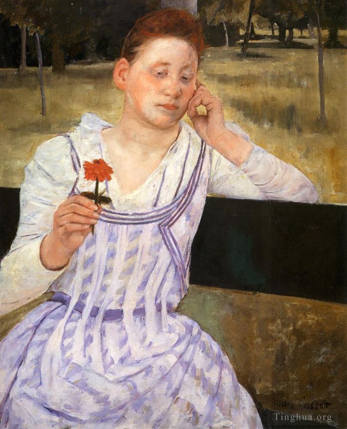 Mary Stevenson Cassatt Peinture à l'huile - Femme avec un zinnia rouge