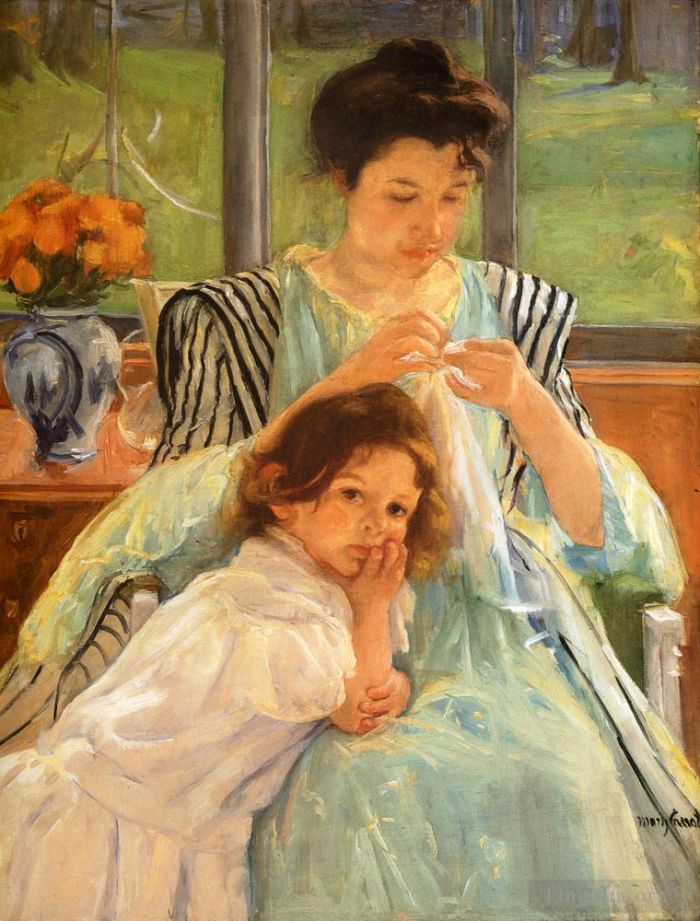 Mary Stevenson Cassatt Peinture à l'huile - Jeune mère couture