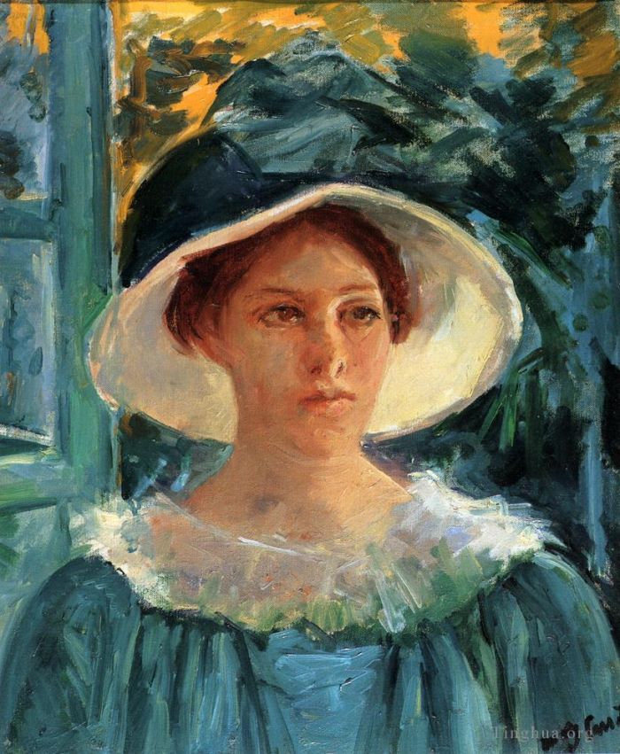 Mary Stevenson Cassatt Peinture à l'huile - Jeune femme en vert à l'extérieur au soleil