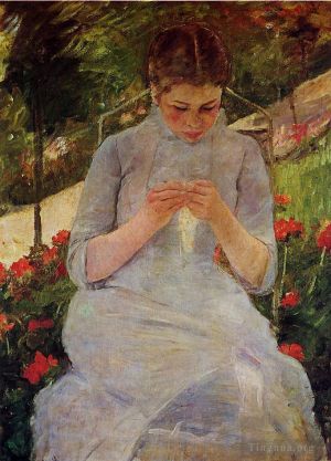 Mary Stevenson Cassatt œuvres - Jeune femme cousant dans un jardin