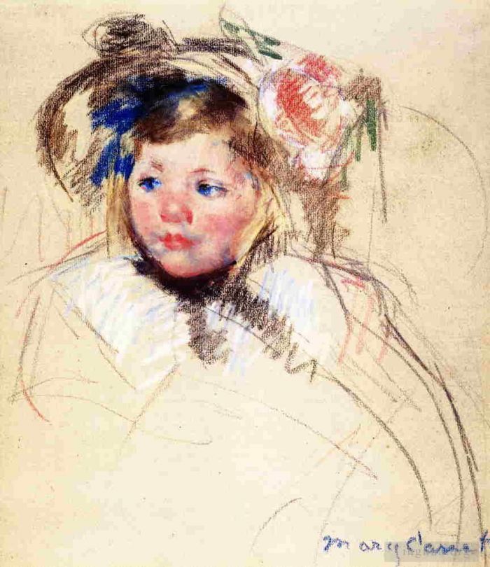 Mary Stevenson Cassatt Types de peintures - Tête de Sara au Bonnet regardant à gauche