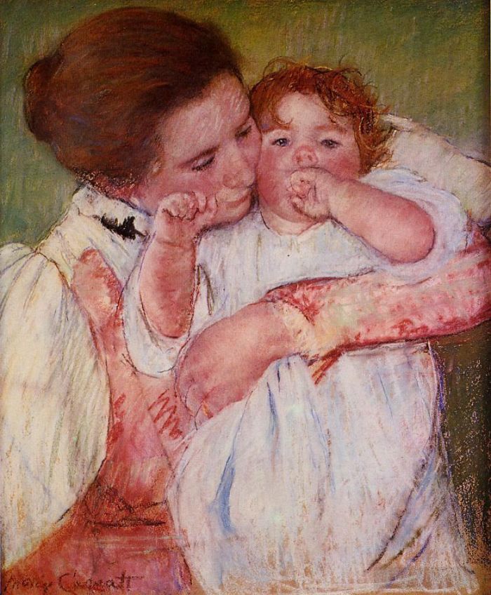 Mary Stevenson Cassatt Types de peintures - La petite Ann suce son doigt embrassé par sa mère