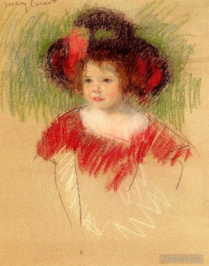 Mary Stevenson Cassatt Types de peintures - Margot en grand bonnet et robe rouge
