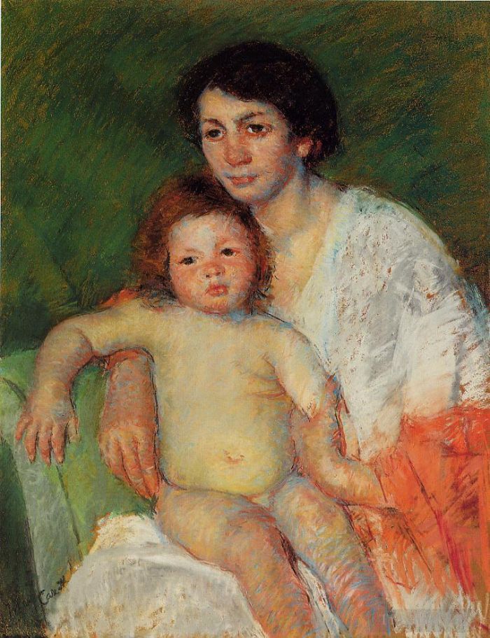 Mary Stevenson Cassatt Types de peintures - Bébé nu sur les genoux de sa mère posant son bras sur le dossier de la chaise