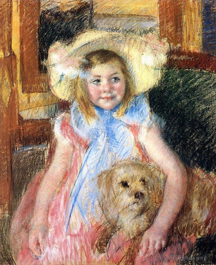 Mary Stevenson Cassatt Types de peintures - Sara dans un grand chapeau fleuri regardant vers la droite tenant son chien