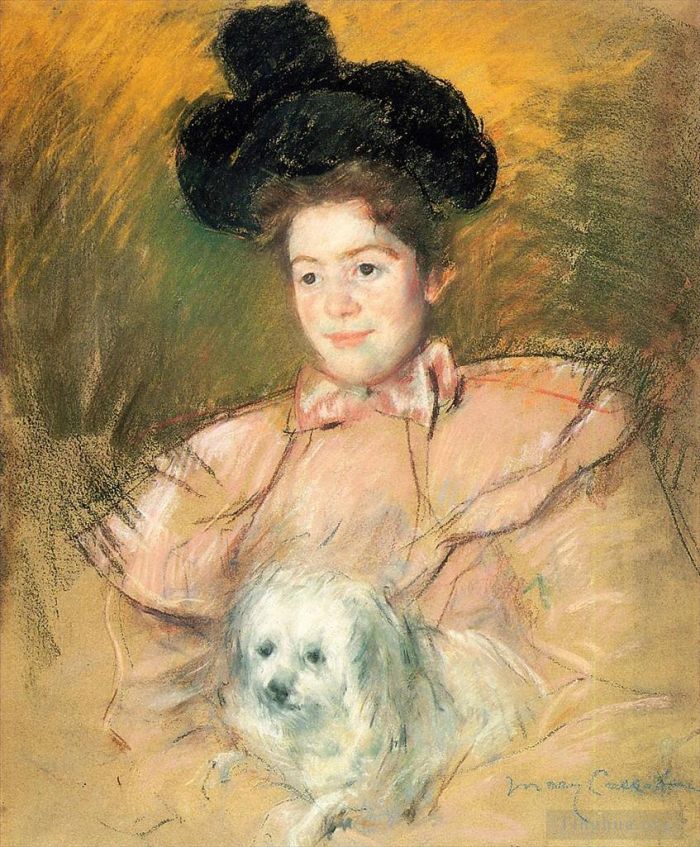 Mary Stevenson Cassatt Types de peintures - Femme en costume de framboise tenant un chien