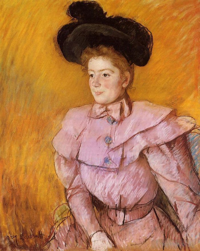Mary Stevenson Cassatt Types de peintures - Femme au chapeau noir et au costume rose framboise