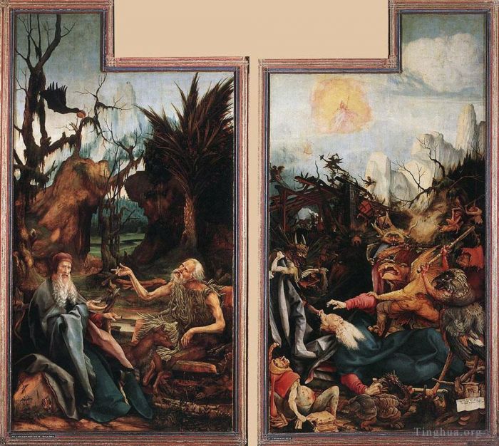 Matthias Grunewald Peinture à l'huile - Visite de Saint Antoine à Saint Paul et Tentation de Saint Antoine