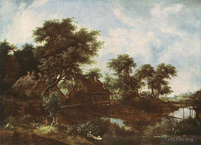 Meindert Hobbema Peinture à l'huile - Le moulin à eau en chêne de Dresde