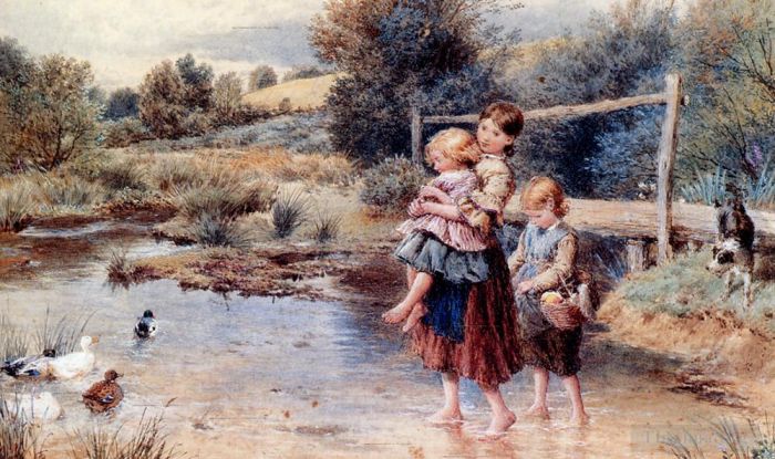 Myles Birket Foster Peinture à l'huile - Enfants pagayant dans un ruisseau