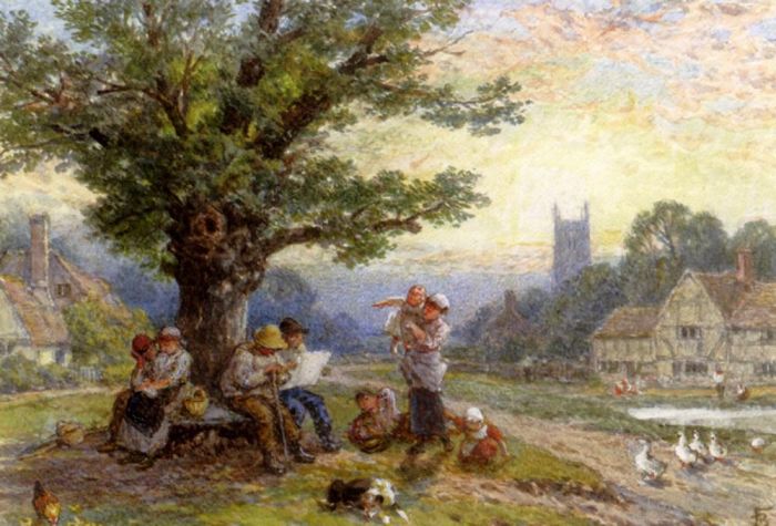Myles Birket Foster Peinture à l'huile - Fugures et enfants sous un arbre dans un village