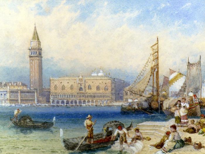 Myles Birket Foster Peinture à l'huile - Saint Marc et le palais ducal de San Giorgio Maggiore