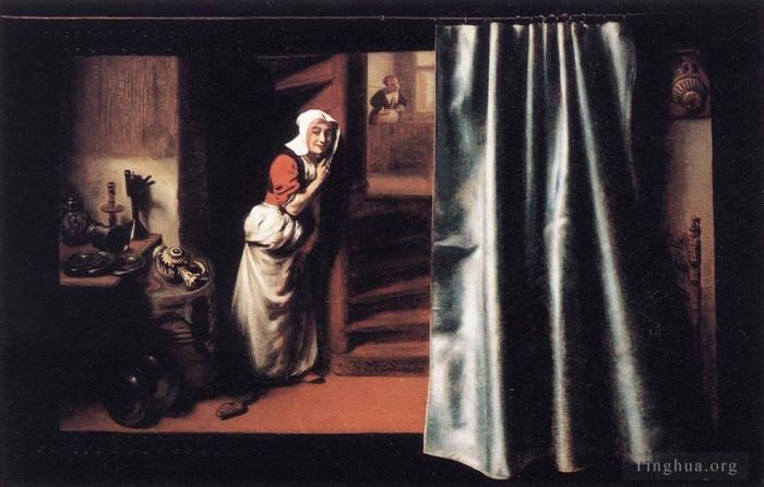 Nicolaes Maas Peinture à l'huile - Écoute clandestine avec une femme qui gronde