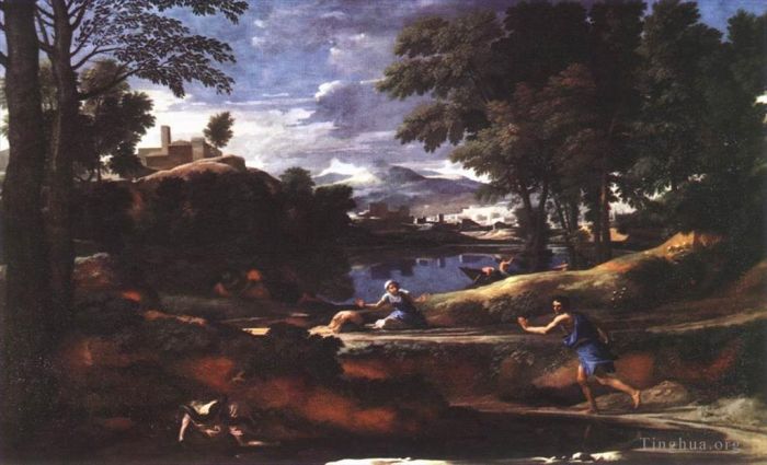 Nicolas Poussin Peinture à l'huile - Paysage avec un homme tué par un serpent