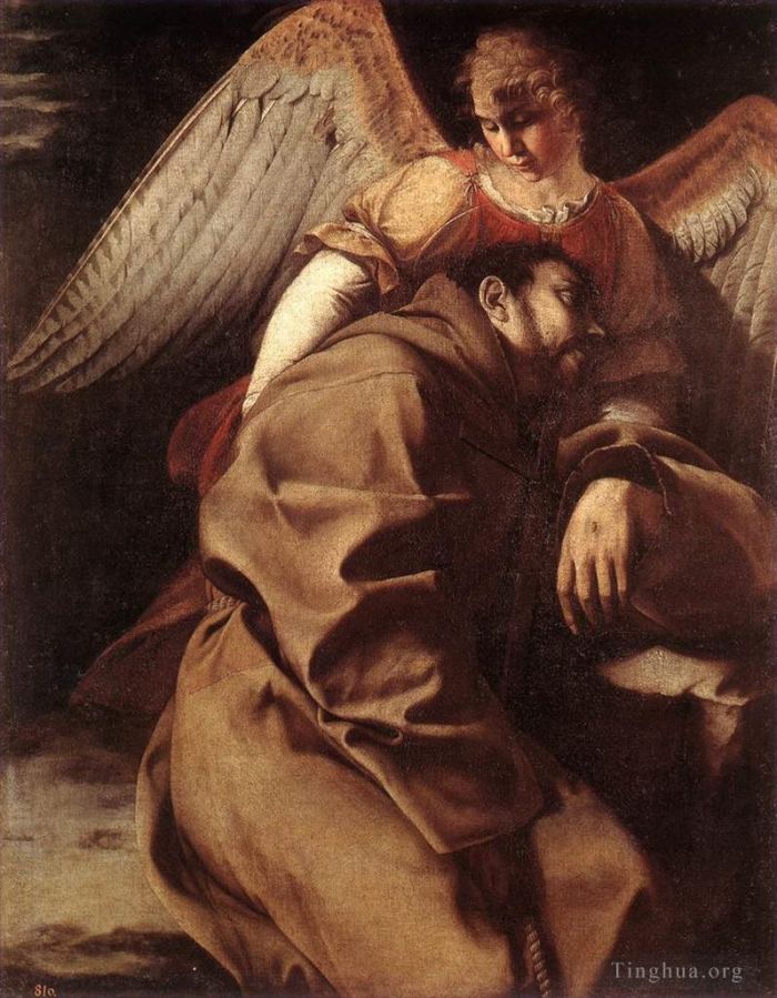 Orazio Lomi Gentileschi Peinture à l'huile - Saint François soutenu par un ange