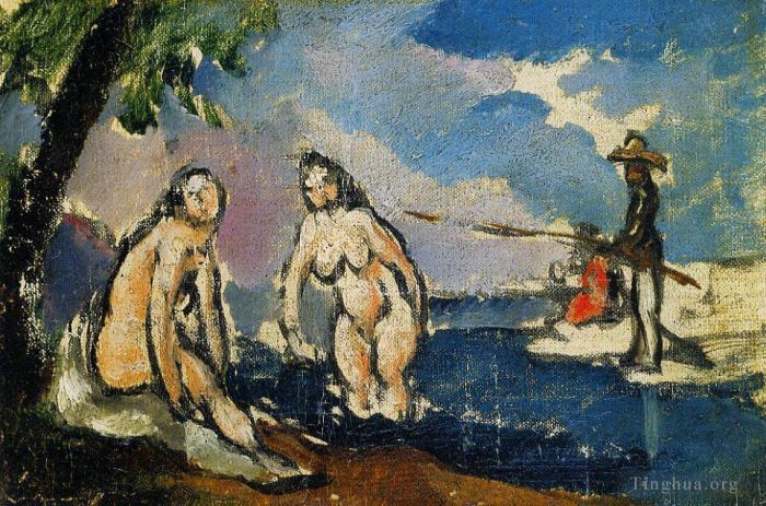 Paul Cézanne Peinture à l'huile - Baigneurs et pêcheur avec une ligne