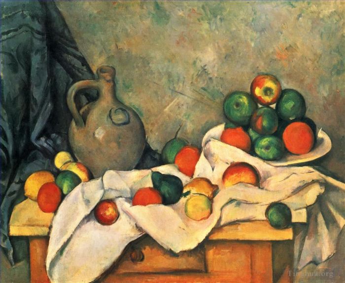 Paul Cézanne Peinture à l'huile - Pichet à Rideau et Fruits
