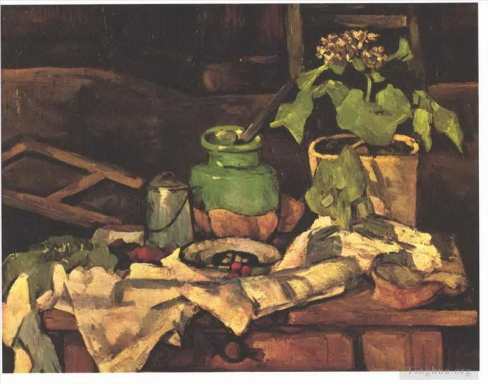 Paul Cézanne Peinture à l'huile - Pot de fleur à une table