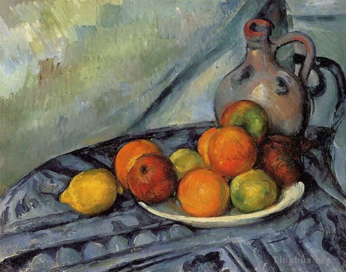 Paul Cézanne Peinture à l'huile - Fruits et pichet sur une table