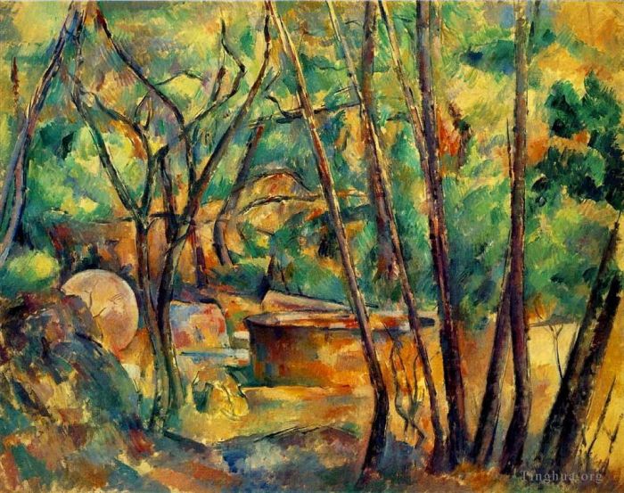 Paul Cézanne Peinture à l'huile - Meule et citerne sous les arbres