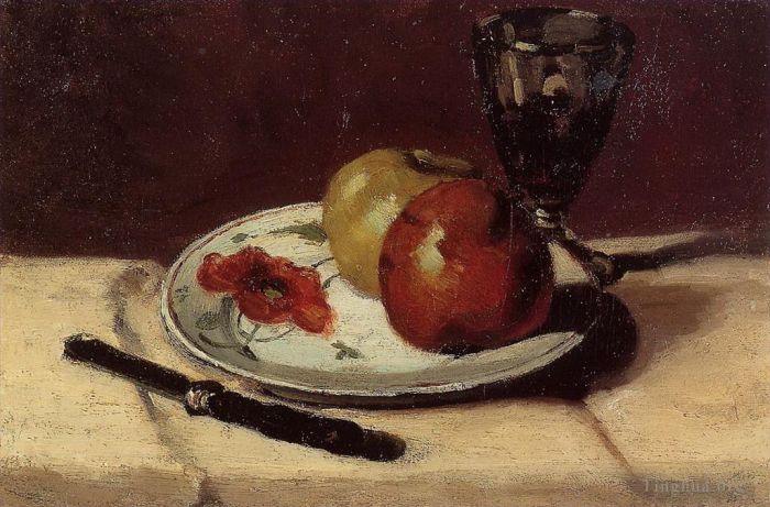 Paul Cézanne Peinture à l'huile - Pommes nature morte et un verre