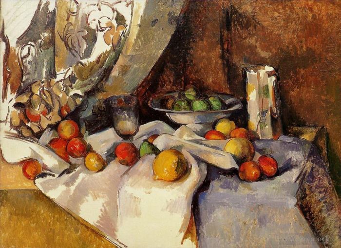 Paul Cézanne Peinture à l'huile - Nature Morte Post Bouteille Tasse Et Fruits