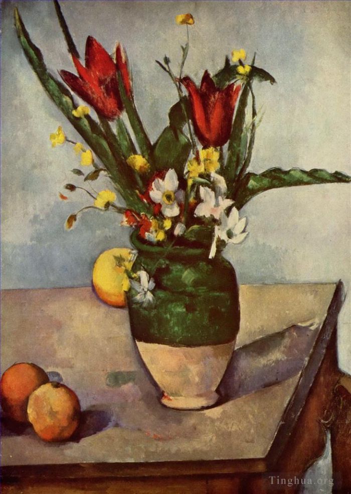 Paul Cézanne Peinture à l'huile - Nature morte tulipes et pommes
