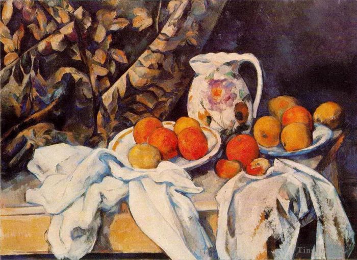 Paul Cézanne Peinture à l'huile - Nature morte au rideau et pichet fleuri