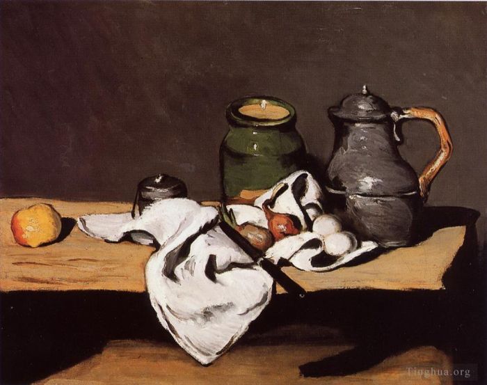 Paul Cézanne Peinture à l'huile - Nature morte au pot vert et cruche en étain