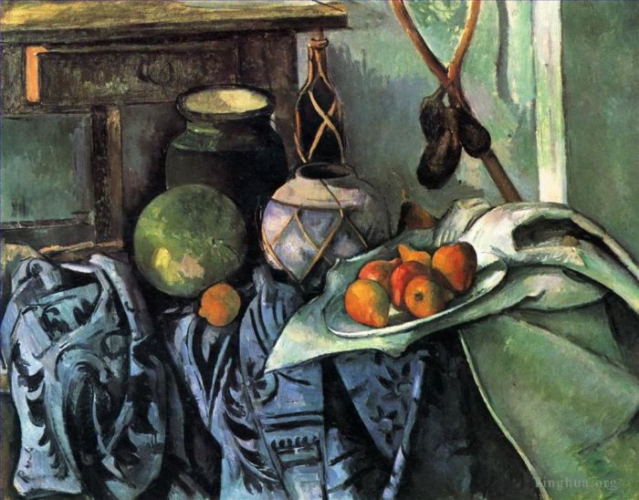 Paul Cézanne Peinture à l'huile - Nature morte au pot de gingembre et aux aubergines