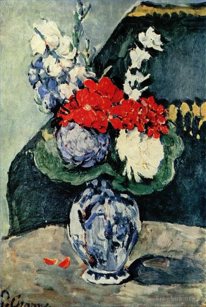 Paul Cézanne Peinture à l'huile - Nature morte Vase de Delft avec fleurs