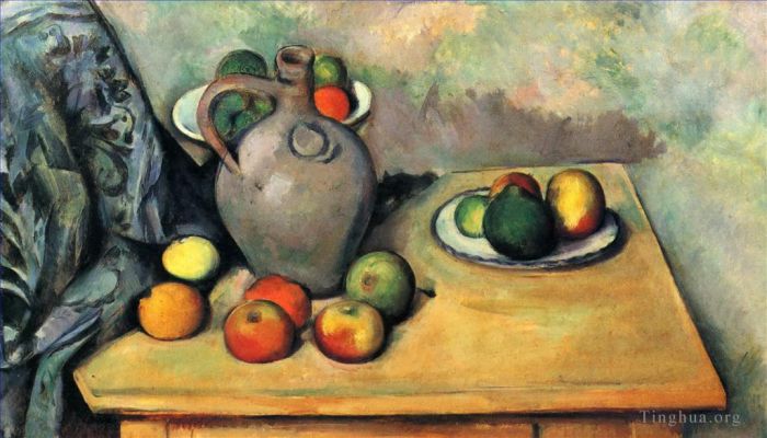 Paul Cézanne Peinture à l'huile - Pichet nature morte et fruits sur une table
