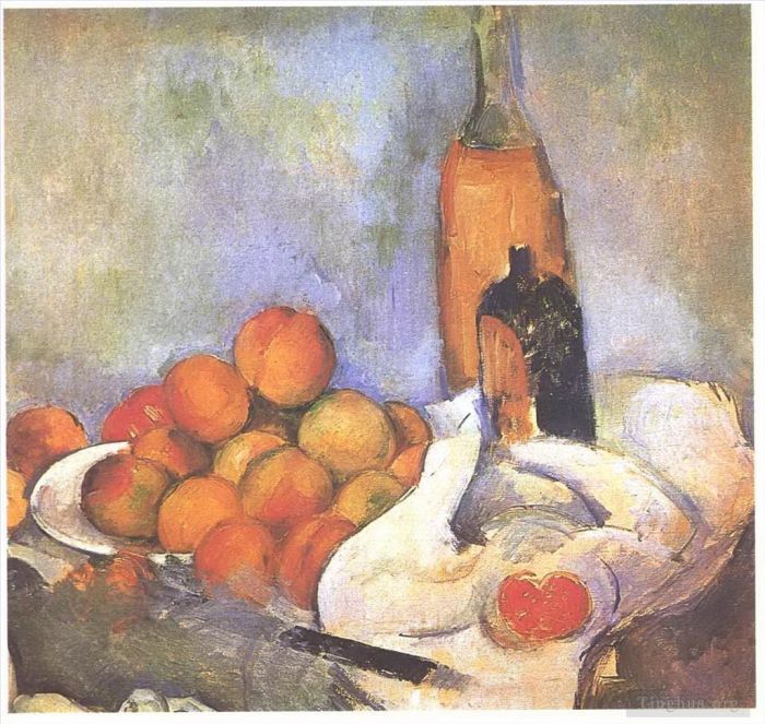 Paul Cézanne Peinture à l'huile - Nature morte aux bouteilles et aux pommes