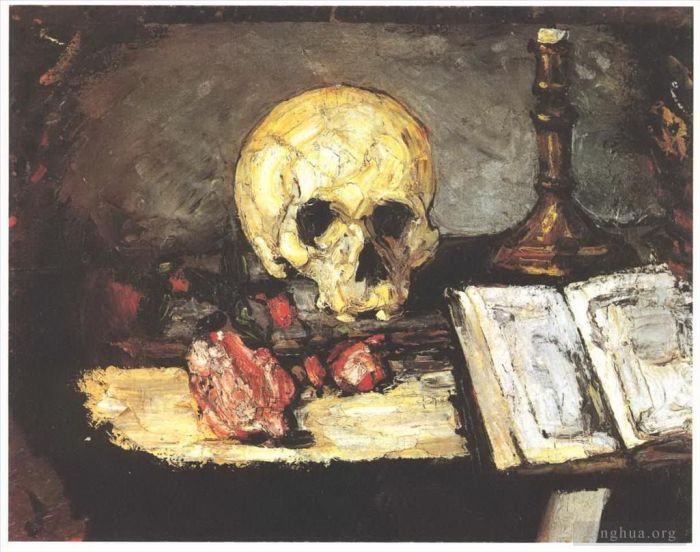 Paul Cézanne Peinture à l'huile - Nature morte avec bougie crâne et livre