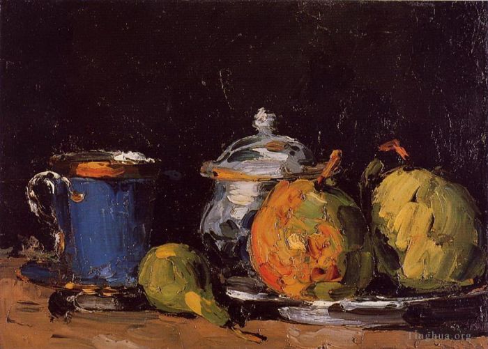 Paul Cézanne Peinture à l'huile - Sucrier Poires et Coupe Bleue