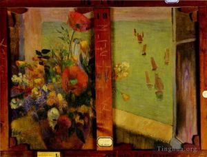 Paul Gauguin œuvres - Bouquet de fleurs avec une fenêtre ouverte sur la mer Revers de la fenaison en Bretagne