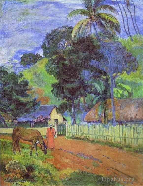 Paul Gauguin Peinture à l'huile - Cheval sur route paysage tahitien