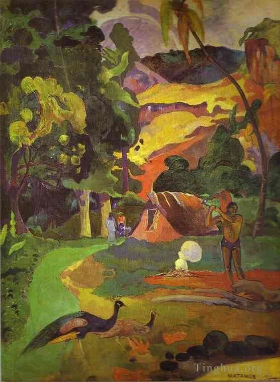 Paul Gauguin Peinture à l'huile - Paysage de Matamoe avec des paons